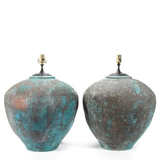 PAIR, TURQUOISE GLAZED BULBOUS TABLE LAMPS