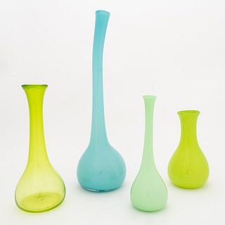 MICHAEL ANCHIN, FOUR BLUE & GREEN ART GLASS VASES
