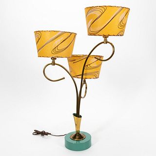 MID-CENTURY MODERN BRASS AND TEAL THREE-LIGHT LAMP