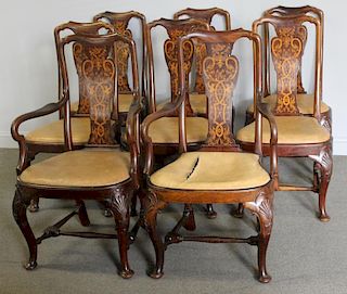 Set of 8 Marquetry Inlaid Queen Anne Style Chairs.