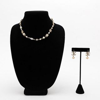 3PC CHANEL GOLD & PEARL NECKLACE & EARRINGS