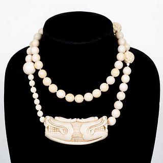 ASIAN HEAVY CARVED BONE BEADED NECKLACE, DRAGON