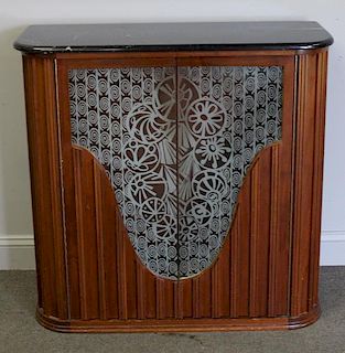 Marble Top Cabinet with Etched Glass Doors.