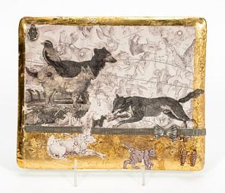 MARY ENGEL, PINK POODLE, MIXED MEDIA PLAQUE, GILT