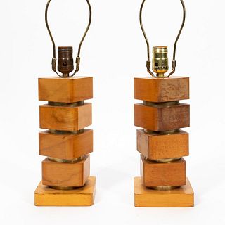 RUSSEL WRIGHT, WOOD & ALUMINUM STACKED TABLE LAMPS