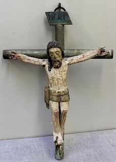 Antique Folk Art Carved Wood Crucifix.