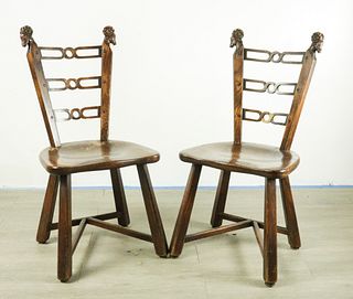 Pair of Walnut Chairs with Rams Heads
