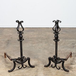 PAIR, 19TH C. FRENCH WROUGHT IRON ANDIRONS