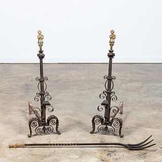 19TH C. BRASS FIGURAL & WROUGHT IRON ANDIRONS