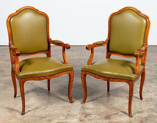PAIR, LOUIS XV STYLE GREEN LEATHER FAUTEUILS