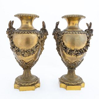 PAIR, 19TH / 20th C. FRENCH SATYR MASK BRONZE URNS