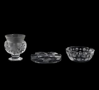 GROUP, THREE LALIQUE CRYSTAL TABLE ARTICLES