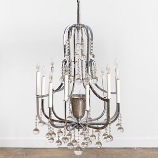 FRENCH ART DECO NICKEL AND CRYSTAL CHANDELIER