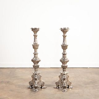 PAIR, SILVERPLATE FLOOR CANDLE PRICKETS