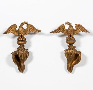 PAIR, OPPOSING EAGLE & CONCH SHELL WALL ORNAMENTS