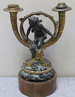 Bronze & Patinated Bugle Form Figural Candlebra.