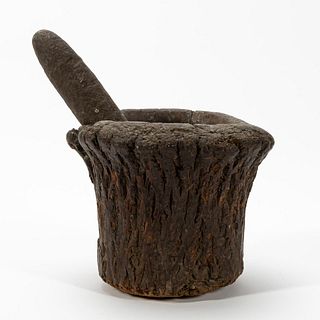 2PC, LARGE CARVED WOODEN MORTAR & STONE PESTLE