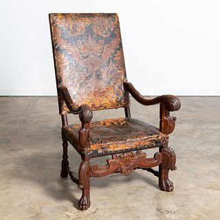 19TH C. BAROQUE REVIVAL TOOLED LEATHER ARMCHAIR