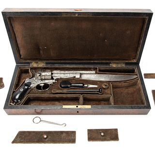19TH C. PINFIRE REVOLVER WITH BAYONET & CASE