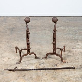 EARLY AMERICAN WROUGHT IRON ANDIRONS WITH POKER