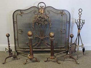 Iron Fire Screen, Andirons and Fireplace Tools.