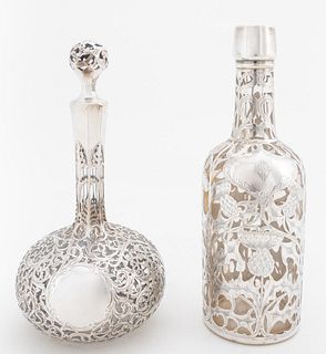 2 PCS BLACK STARR & FROST SILVER OVERLAY DECANTERS