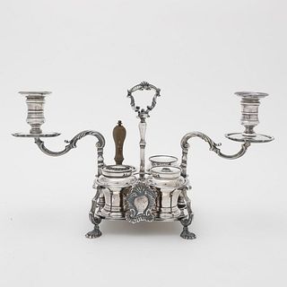 SILVERPLATE STANDISH WITH CANDLE HOLDERS & BELL