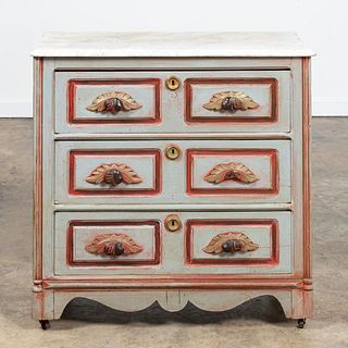 PALE BLUE PAINTED THREE DRAWER MARBLE TOP CHEST