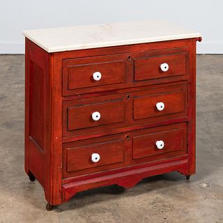 19TH C. AMERICAN RED PAINTED MARBLE TOP WASH STAND