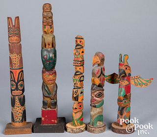 Five Northwest Coast carved & painted totem poles