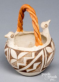 Acoma Indian polychrome bird head pottery basket