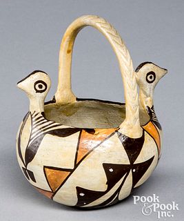Acoma Indian polychrome bird head pottery basket