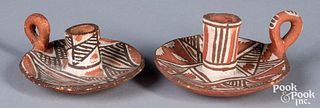 Two Native American Indian pottery candlesticks