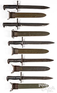 Five WWII M1 Garand bayonets and scabbards