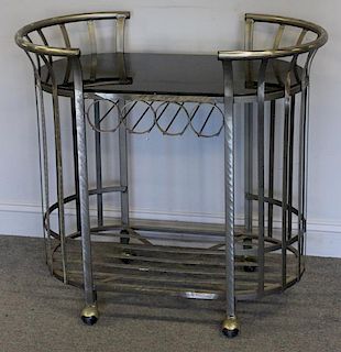Modernist Brushed Steel and Black Glass Tea Cart