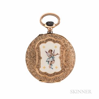 Antique 14kt Gold and Enamel Open-face Pendant Watch