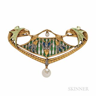 Art Nouveau 18kt Gold, Enamel, and Diamond Pendant/Brooch