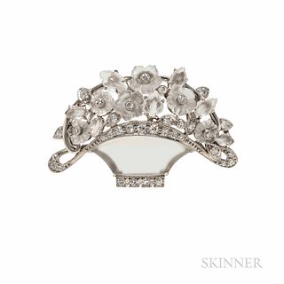 Art Deco Platinum, Frosted Rock Crystal, and Diamond Flower Basket Brooch