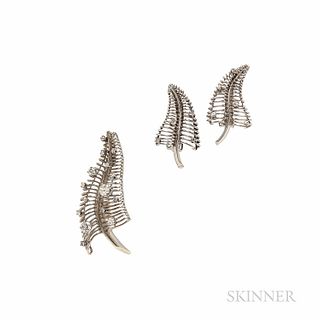 14kt White Gold and Diamond Feather Brooch and Earclips