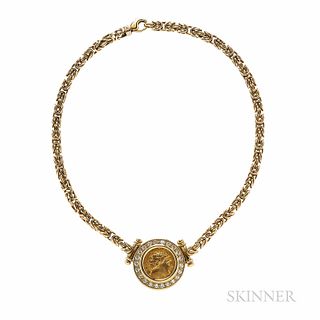 18kt Gold, Gold Coin, and Diamond Necklace