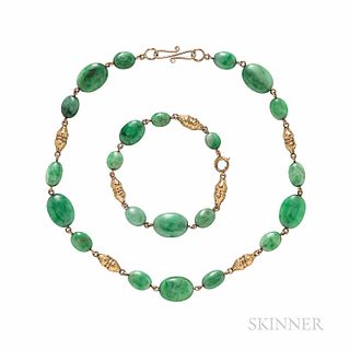 Gold and Jadeite Jade Bead Necklace and Bracelet