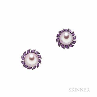 14kt White Gold, Pink Freshwater Pearl, and Amethyst Earstuds