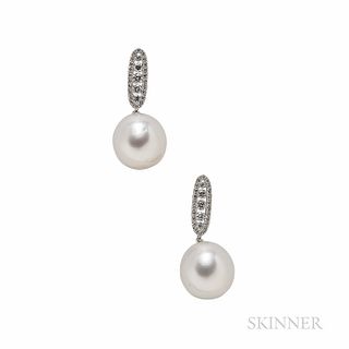 18kt White Gold, South Sea Pearl and Diamond Earrings