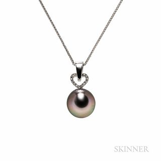 18kt White Gold, Tahitian Pearl, and Diamond Pendant and Chain