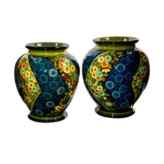Pair of Doulton Lambeth Faience Floral Vases