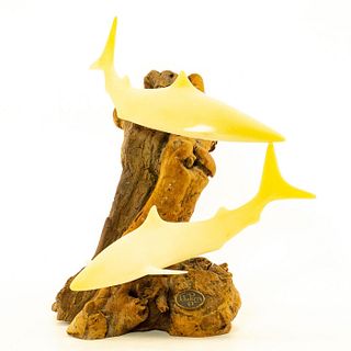 Carved Double Swimming Sharks Sculpture on Wood