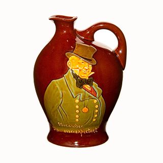 Rare Royal Doulton 'Micawber' whiskey flask in Kingsware glaze, hand painted detailing