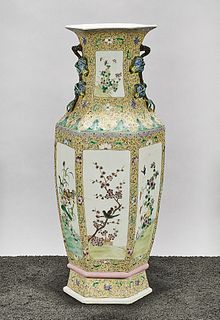 Tall Chinese Enameled Porcelain Hexagonal Vase