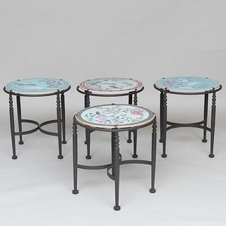 Set of Four Chinese Porcelain Circular Tiles Mounted as Tables 