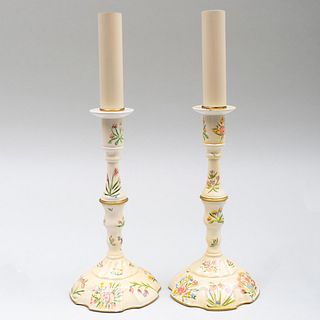 Pair of Staffordshire Enamel Candlestick Lamps